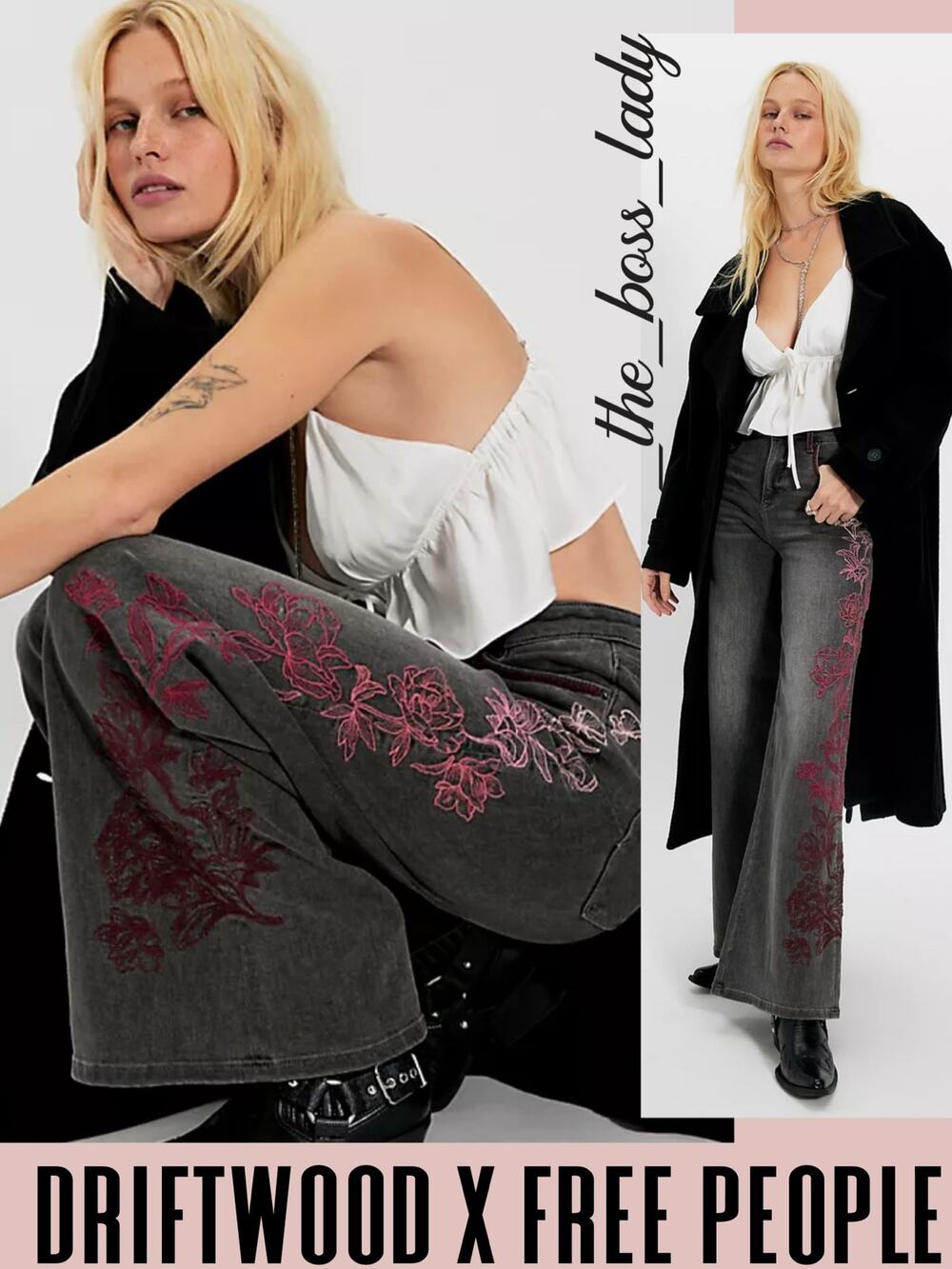 Driftwood jeans relaxed wide-leg pants floral embroidery boho 32